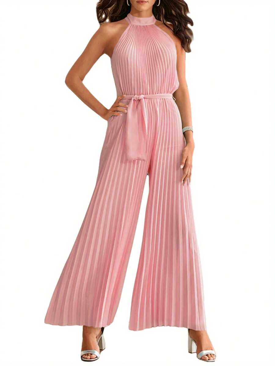 Womens One-Piece Suit Solid Color Sleeveless Back Keyhole Waist Bandage Pleated Wide-Leg Jumpsuit - Pink - View 1
