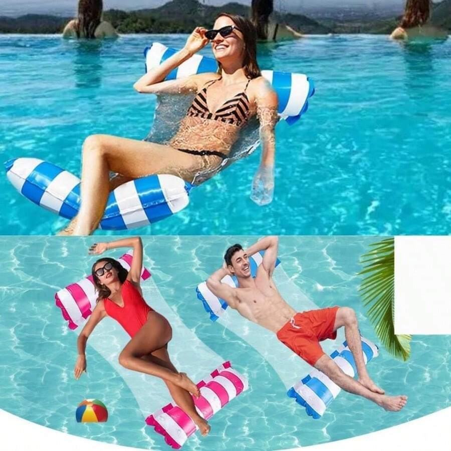 Hamaca flotante inflable 2 en 1 que incluye un cómodo colchón de malla de poliéster ideal para relajarse en la piscina o el agua. Incluye bomba de aire (color de la bomba de aire aleatorio)