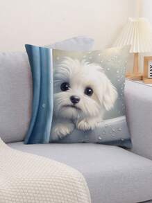 1pc Pet Dog Printed Pillow Cover, Modern Fabric Flannelette Cushion Cover Suitable For Sofa, Living Room Home Decor, Without Filler Gifts Birthday Graduation - Multicolor - View 1