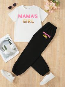 2pcs/Set Girls Casual Fashion Cartoon Print Round Neck Short Sleeve T-Shirt Top And Long Pants Set, Summer