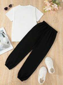 2pcs/Set Girls Casual Fashion Cartoon Print Round Neck Short Sleeve T-Shirt Top And Long Pants Set, Summer