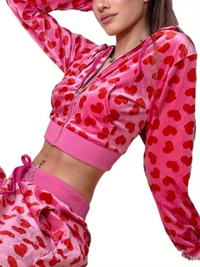 Y2K Heart Print Velvet Hoodies Kawaii Women Jackets Zip Up Long Sleeve Sweatshirts