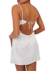 Women Sling Dress, Spaghetti Straps Backless Lacing Flower Patchwork Slit Summer Mini Dress - White - View 5