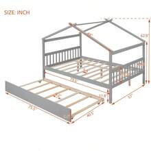 Full Size Wooden House Bed With Twin Size Trundle Gray - 灰色+實木 - 查看 5