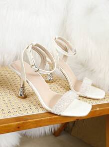 Women's Honeycomb Texture High Heel Square Toe Transparent Rhinestone Ankle Strap Sandals, Fashionable Summer/Autumn