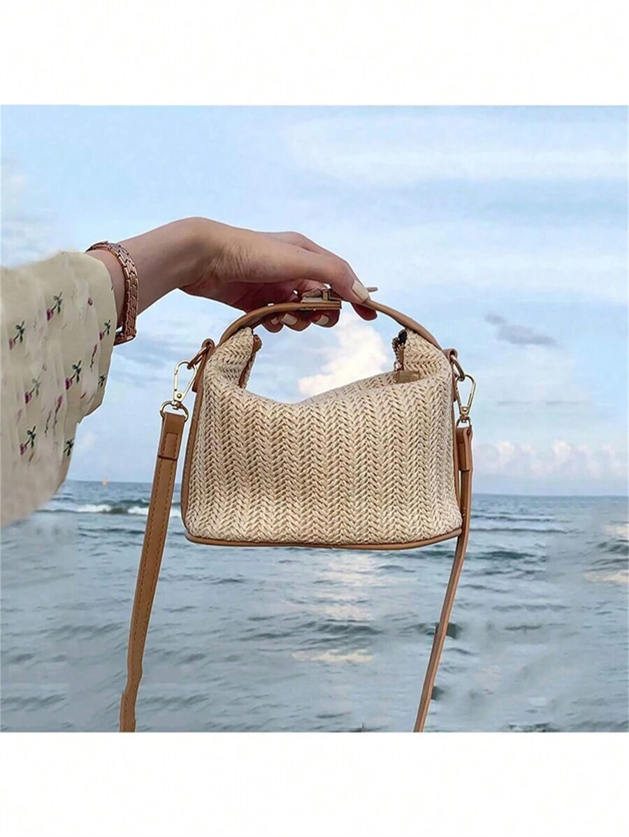 1件草編斜挎包,夏季海灘單肩包,女款休閒手提包與錢包,優雅時尚旅行必備,波希米亞風 - 彩色 - 查看 1
