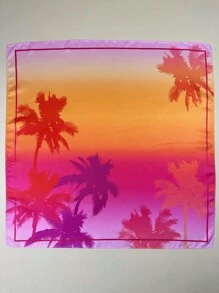 1pc Women's Elegant Satin Sunset Palm Tree Print Scarf, Neckerchief, Headscarf - Multicolor - View 4
