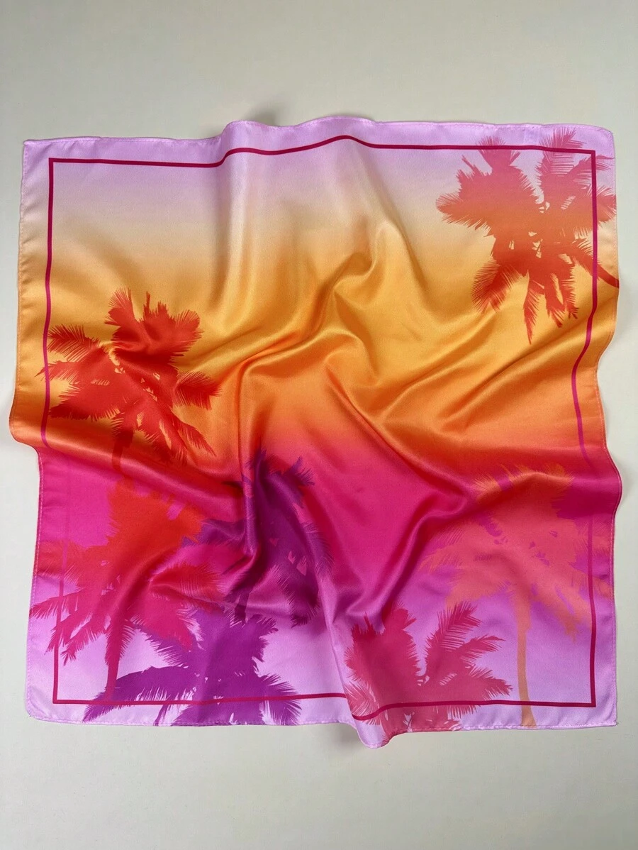 1pc Women's Elegant Satin Sunset Palm Tree Print Scarf, Neckerchief, Headscarf - Multicolor - View 1