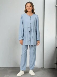 cimmuovere 舒适圆领金属纽扣多口袋护士手术服套装 - 淺藍色 - 查看 7