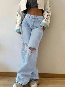 Women's Street Casual Loose Straight Ripped Jeans, Stacked Jeans - Light Wash - View 3