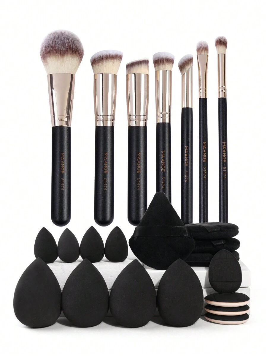 MAANGE 23Pcs Professional Makeup Tool Set With 7pcs Facial Makeup Brushes+16pcs Powder Puff Accessories,Foundation Brush Concealer Brush Powder Brush Contour Brush Eyeshadow Brush Nose Shadow Brush Smudge Brush,Makeup Tools With Soft Fiber And Skin Friendly For Easy Carrying,Brush For Travel,Gift For Women&Girls - 黑色 - 查看 1