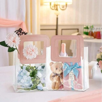 6pcs- Transparent With Handle Gift Bag, Small Transparent PVC Gift Bag Heavy Duty Tote Bag PVC Bag Plastic Reusable Gift Bag Wedding Shopping Bag, Bridal Party Gift, Wedding, Valentine Gift Bag, Valentine Gift