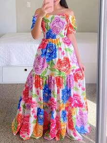 Plus Size Off Shoulder Short Sleeve Floral Print Layered Vacation Dress - Multicolor - View 2