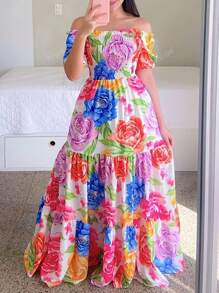 Plus Size Off Shoulder Short Sleeve Floral Print Layered Vacation Dress