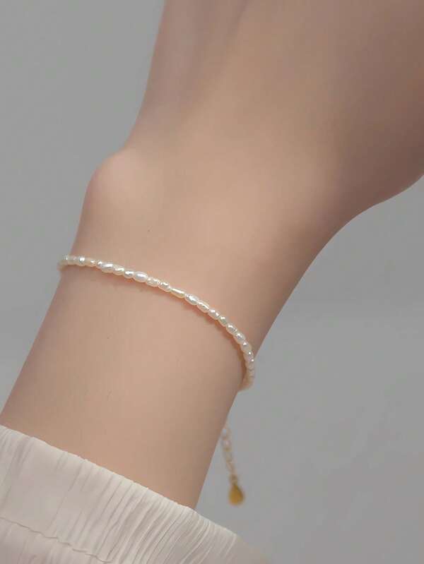 1 peça Pulseira elegante compacta de 3-4 mm com pérolas artificiais de água doce, pulseira feminina de prata hipoalergênica S925, presente para aniversário de amigo, feriado (corrente de extensão de 16 cm + 4 cm)