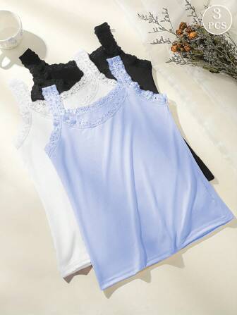 3 Pieces Women Solid Color Lace Trim Decor Round Neck Camisole Patchwork Sleeveless Thin Tank Top
