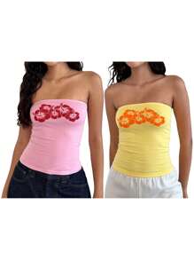 Women Tube Tops Floral Print Strapless Tops Summer Fashion Backless Bandeau Shirts - Hồng - Xem 3
