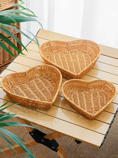 3pcs/2pcs/1pc Wicker Heart-Shaped Trays, Kitchen Serving Platters, Storage Baskets, Fries Basket, Fruit Plate, Snack Tray, Salad Plate, Bread Basket, Decorative Platters For Home, Living Room, Kitchen, Dining Room