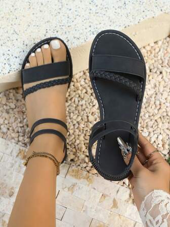 2025 Spring/Summer New Fashion Flat Sandals, Soft Bottom, Soft Fabric, Versatile Matching Dresses, Woven Elastic Band, Open Toe, Beach Wear, Flat Casual Retro Roman Sandals In Black, Green, Brown, White