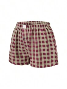 Womens Plaid Print Shorts Elastic Low Waist Button Front Lounge Shorts Boxers Streetwear - 咖啡棕 - 查看 3