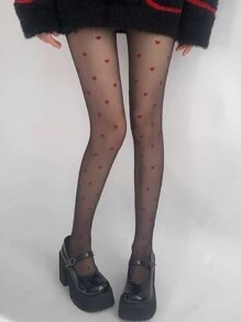 1 pieza Medias de rejilla sexys con estampado de corazón rojo para mujer de talla grande, para San Valentín