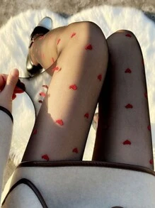 1 pieza Medias de rejilla sexys con estampado de corazón rojo para mujer de talla grande, para San Valentín