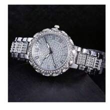 2 pièces/set Style hip-hop mode européenne et américaine Bracelet et montre à quartz pour femmes, cadran orné de strass avec chiffres romains, bracelet en acier inoxydable