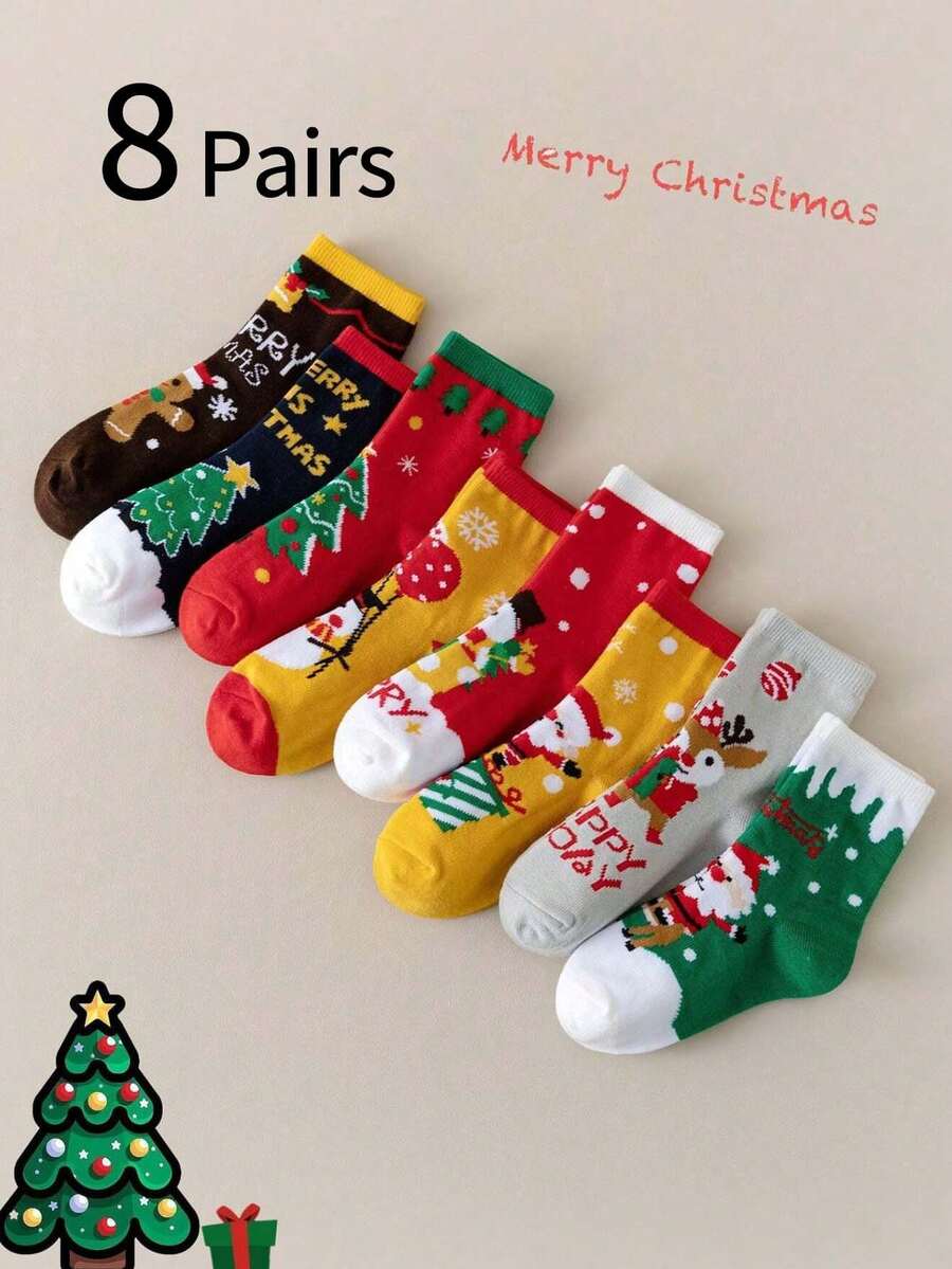 8 Pairs Kids/Children Cartoon Christmas Socks, Santa Claus & Reindeer Mid-Calf Socks, Warm Thermal Crew Socks For Students, Autumn/Winter