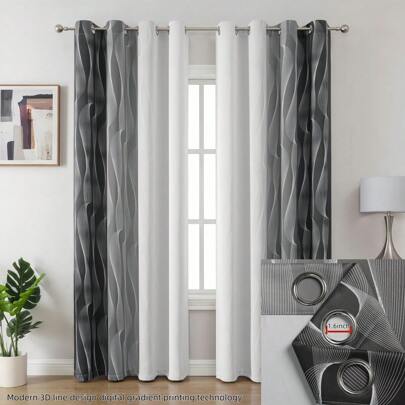 2pcs Blackout Curtain Panels, Modern Printed 3D Line Design, Black And Gray White, Suitable For Living Room, Bedroom, Dining Room Home Decor, Room Decoration