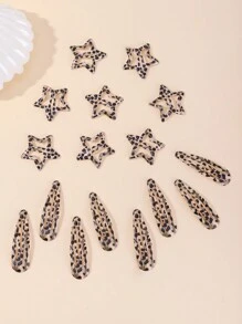 16pcs Leopard Pattern Teardrop & Star Hair Clips, Sweet & Cute Y2K Bangs Barrettes For Daily Wear And Commute Claw Clips