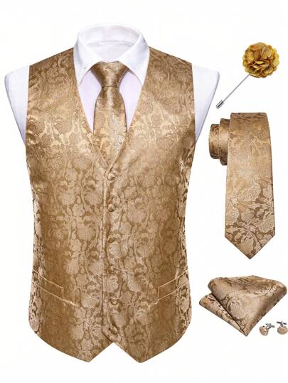 Docapeiton Herren Weste in Große Größen, braun mit Blumenmuster, Regular Fit, Set mit Krawatte, Einstecktuch, Manschettenknöpfen und Ansteckblume, 1XL-3XL
