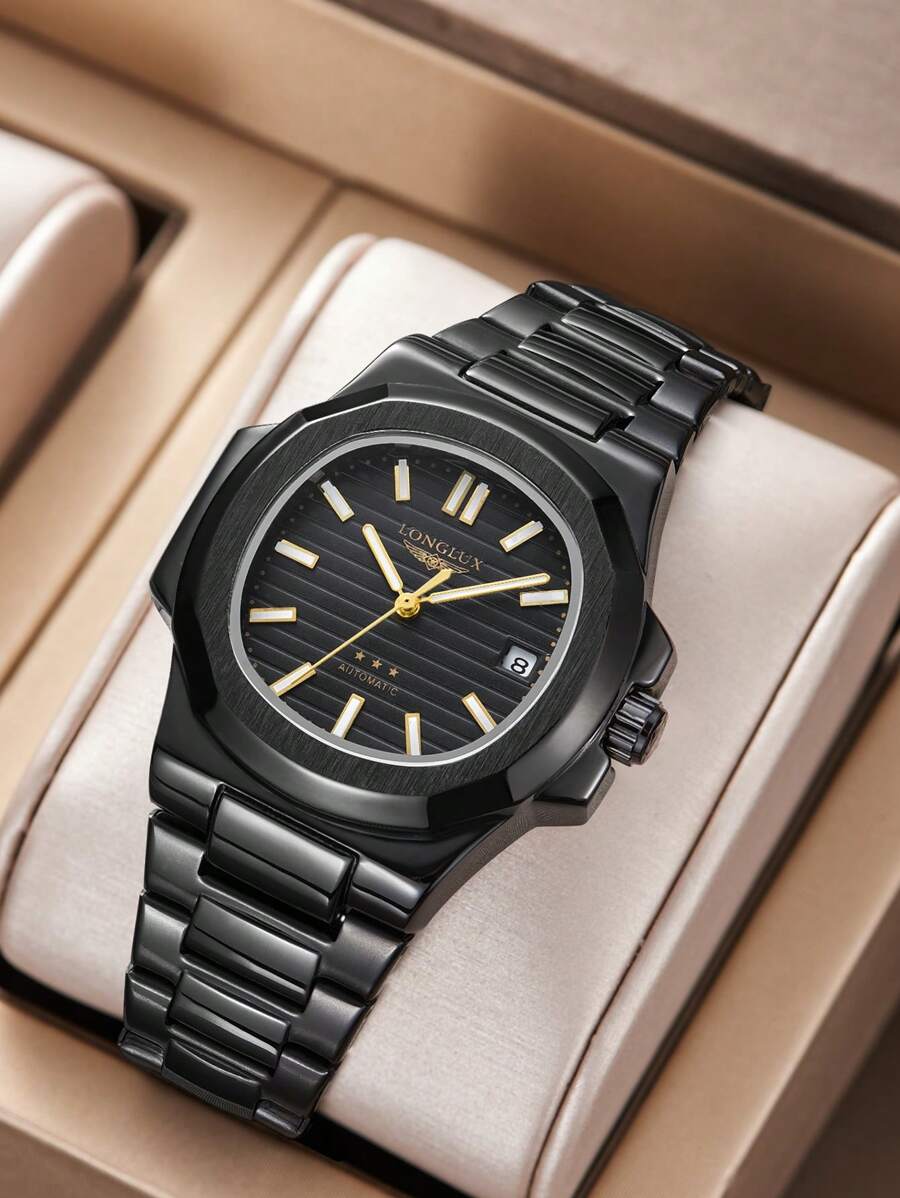 LONGLUX 1pc Men's Automatic Mechanical Watch With Calendar Display, Black Classic Steel Band