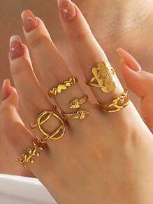 Set de 6 anillos de acero inoxidable para mujeres con formas de sol, luna, estrella y corazón como regalo - anillo de la suerte - Ver 6