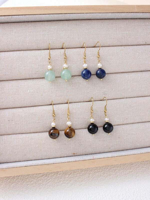 1 Pair Natural Stone Earrings, Women's Earrings Balance Energy Yoga Meditation Friendship Green Agate Lapis Lazuli Round Bead Earrings, Jewelry And Watches/Women's Fashion Jewelry/Women's Earrings/Women's Earrings