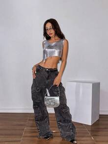 1pc Metallic Asymmetric Square Neck Camisole, Suitable For Bars, Parties, Music Festivals And Other Occasions