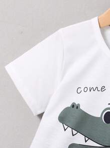 2pcs Toddler Boys Casual Cartoon Dinosaur Printed Short Sleeve Top + Shorts Set, Skin-Friendly Soft Outfit For Boys Cool Outdoor Activities, Sports