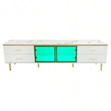 Meuble TV effet marbre – Poignées dorées, détails en verre, design moderne, 170 cm - Blanc - Voir 6