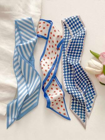 3件套女士发带蓝色丝巾及花卉图案发圈发绳套装，发带，多用途，适合日常及度假情人节头巾发带吸汗带秋冬发带发饰女士头巾柔软头巾女士围巾