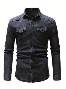 Camisas casuales de primavera y otoño para hombre, camisas con botones de unicolor de manga larga con solapa de tela vaquera para fiestas - Gris Oscuro - Ver 2