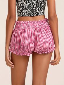 Women Low Rise Shorts Plaid Print Elastic Waist Lounge Shorts Cute Pajama Shorts Shirred Smocked Shorts Frilly Ruffle Trim Shorts Fairycore Aesthetic Streetwea