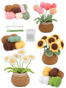 1 Conjunto Kit de Crochê Adequado para Iniciantes, Buquê Floral de Crochê Feito à Mão, Materiais para Plantas em Vaso de Tulipa e Girassol, Inclui Acessórios Básicos e Tutoriais