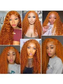 Peluca con onda corporal de 180 de densidad, peluca frontal de encaje transparente 13x6, color negro natural, peluca frontal de encaje 13x4 onda corporal de cabello humano pre-arrancada para mujeres - Jengibre y Naranja - Ver 5