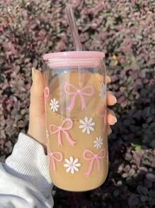 1 Pc Glass Cup Pink Bow 550ml ,Coffee Cup With Sealed Bamboo Lid And Straw, Christmas,Summer, Halloween,Suitable For Office And School, For Coffee, Tea, Beer, Juice, Hot And Cold Drinks, Smoothies, Etc,Reusable, Thermal Insulation, Used For Parties, Gatherings, Festivals, Thanksgiving,Teachers' Day, Holiday Gifts, A Gift For Mom, Lovers, Boyfriends And Girlfriends,Best Friend, Bride.