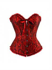 Women's Lace Up Boned Overbust Corset Bustier Lingerie Bodyshaper Top - Red and Black - View 2