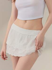 Womens White Short Skirts Cute Hollow Eyelet Embroidery Ladies Mini Elastic Waist Ruffle Low Rise Skirts - White - View 7