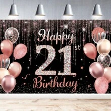 1pc "Happy Birthday" Backdrop Banner, Black/Silver/Rose Gold, Party Decorations For 16th 21st 40th 50th 60th 80th Birthday, Photo Booth Accessories, Glitter Balloon
