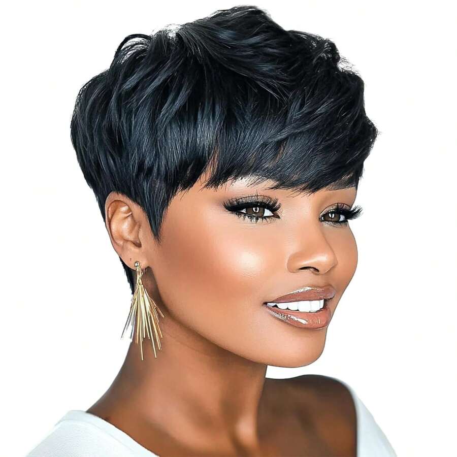Short Curly Human Hair Wigs Pixie Cut Wigs For Women - Natural Black - View 1