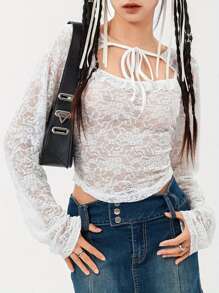 Women Y2k Lace Trim Long Sleeve Top Spaghetti Strap Tank Tops Bolero Shrug 2 Piece Set Trendcy Streetwear - White - View 5