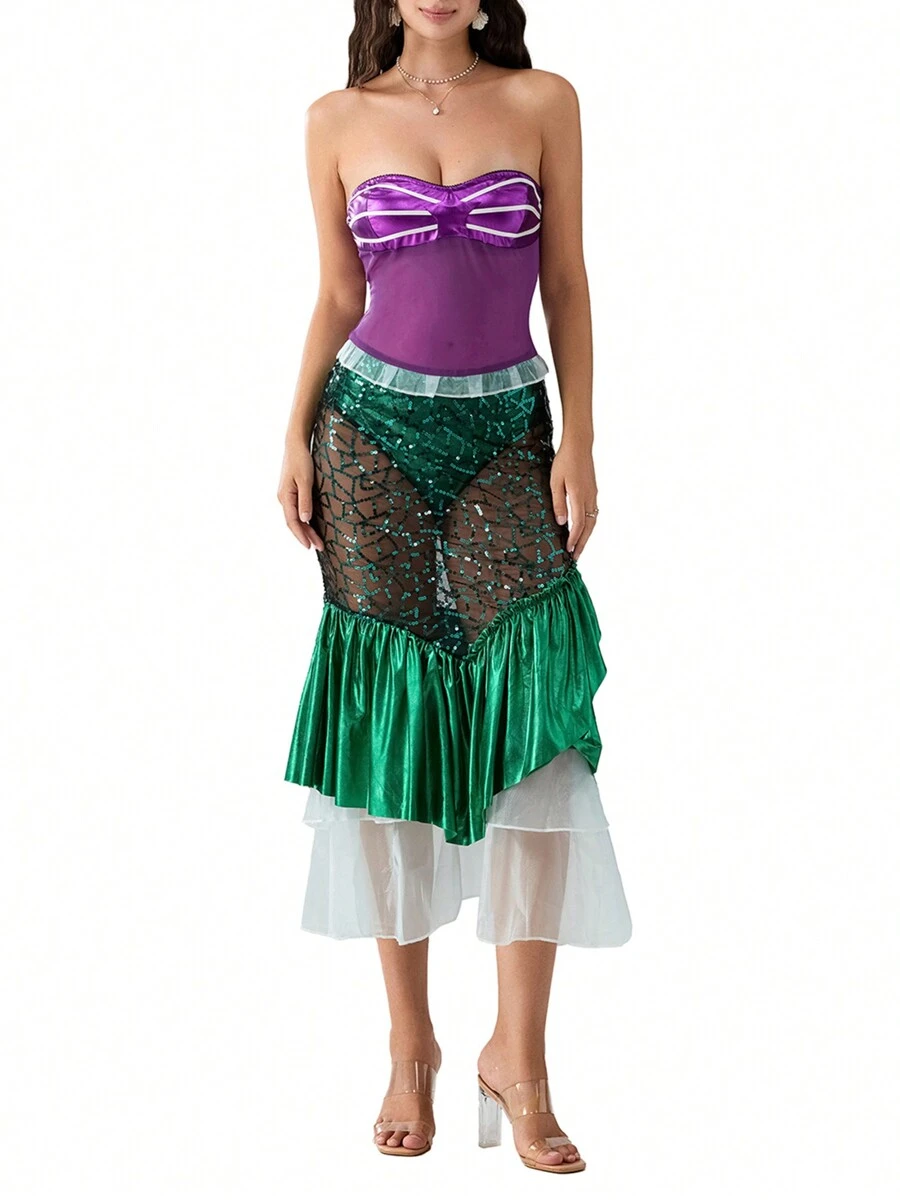 Women's Mermaid Costume Sequin Maxi Skirt Strapless Tube Tops Ruffle Long Tail Cosplay Halloween Party Dress Fancy Dress - Green - View 1