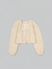 Chamarra casual abierta con flecos muy cortos y caliente - Beis - Ver 5